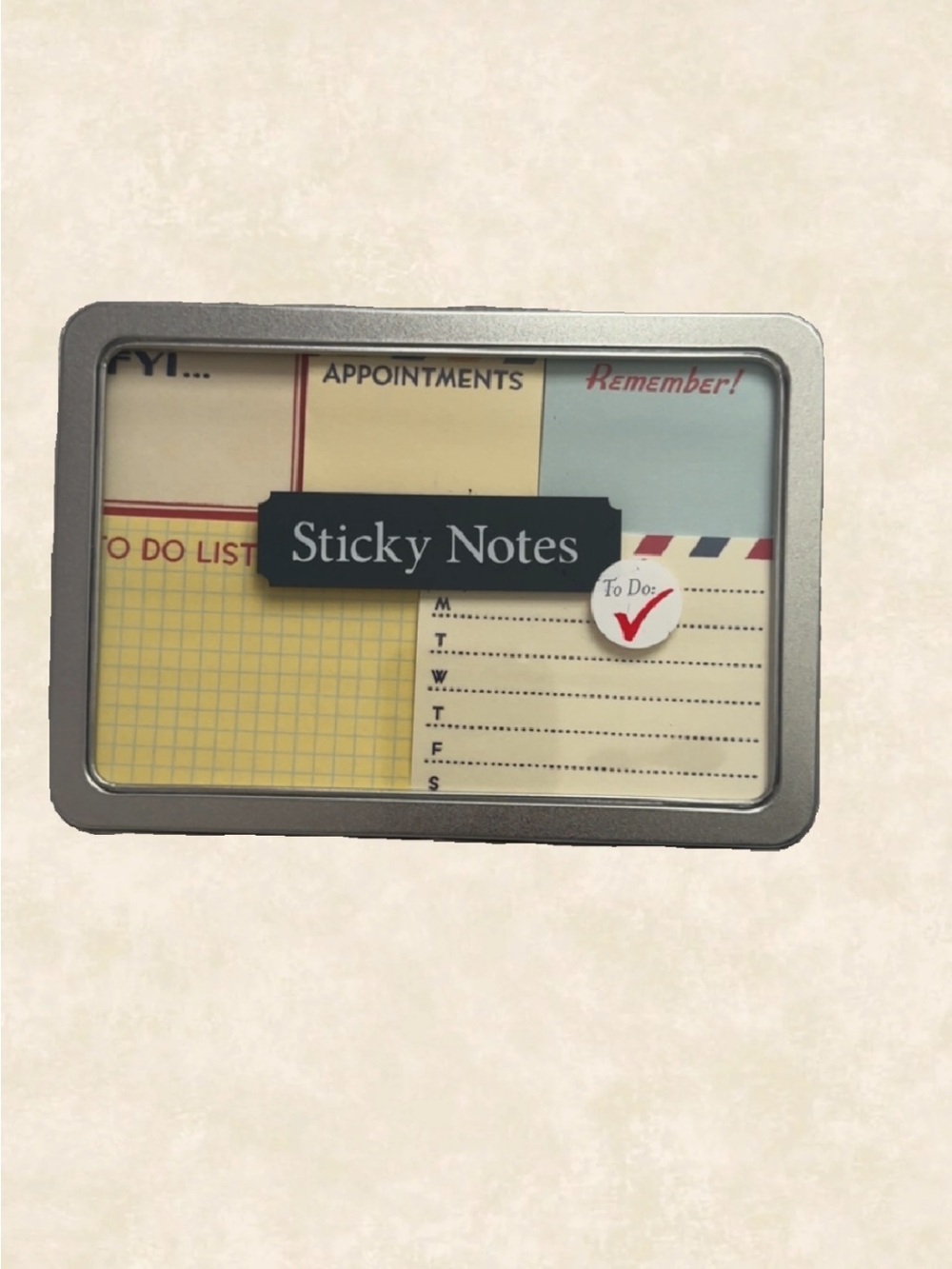 Sticky Notes Tin with Assorted Note Designs - Silver Case - Brand New - Unopened